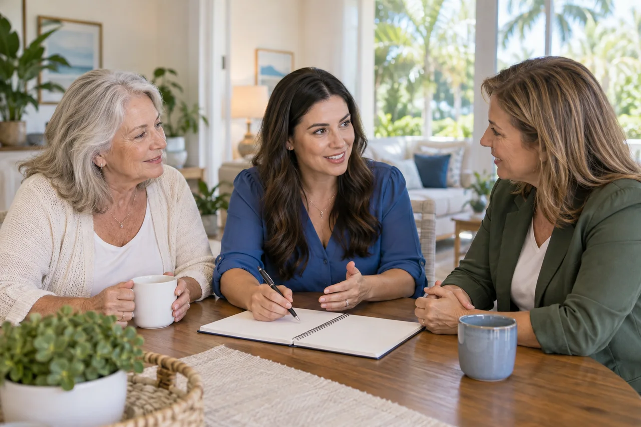 An adult, a family member, and a care professional having a conversation.